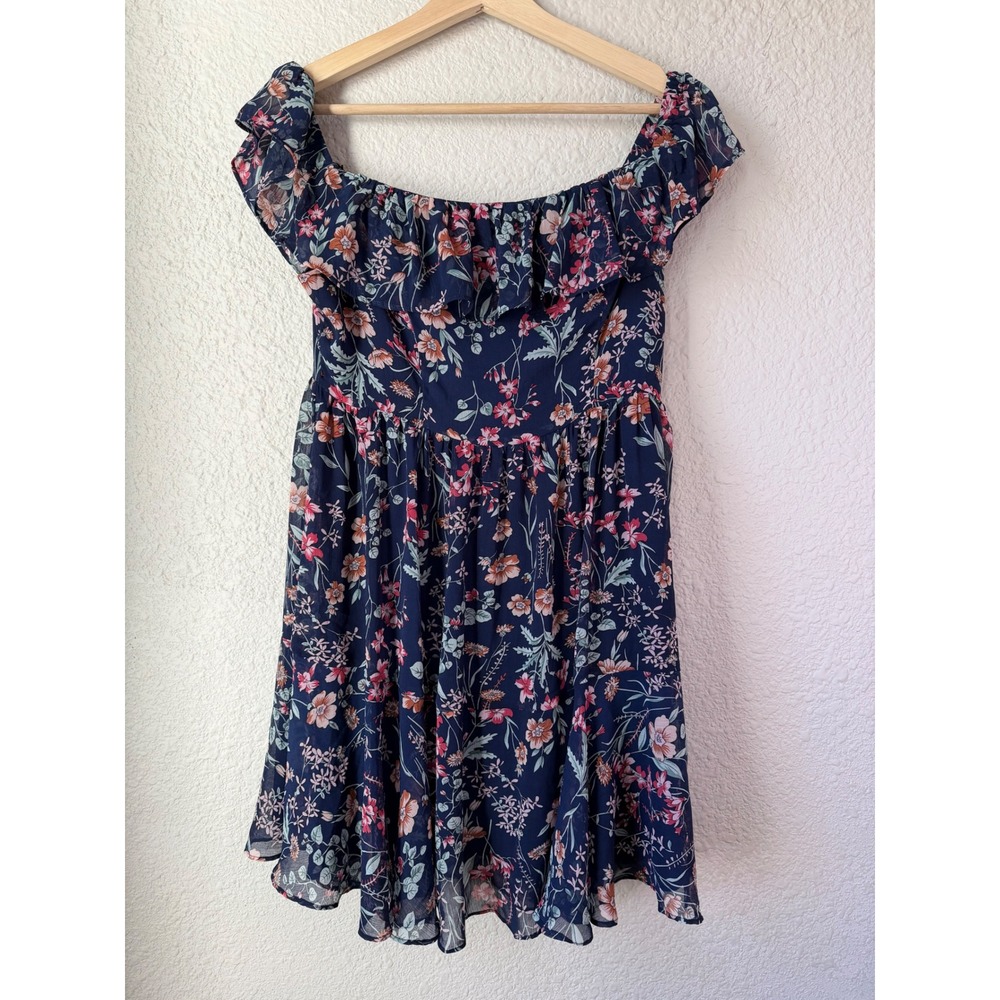 Lulus Navy Blue Floral Off the Shoulder Ruffle Chiffon Mini Dress Size M‎ - Picture 2 of 5